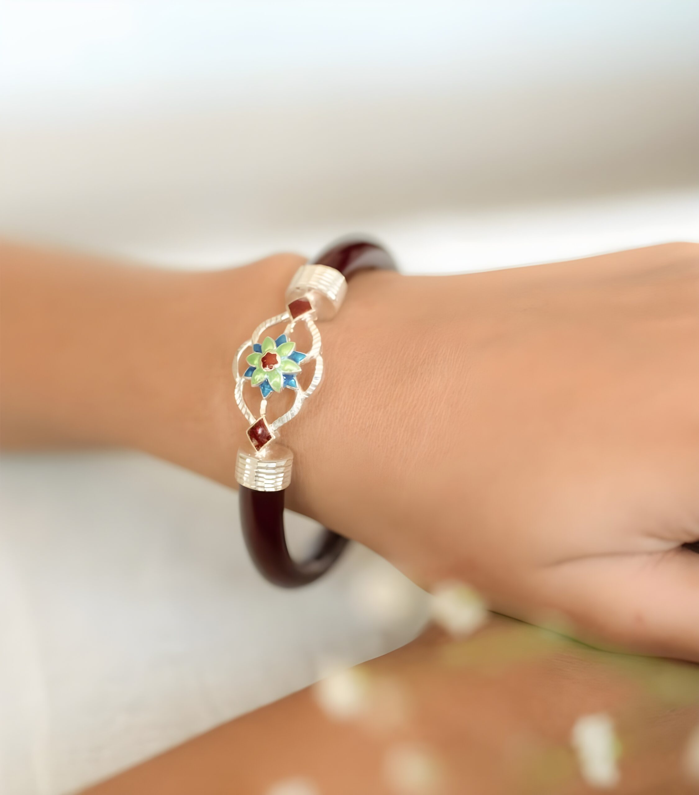 Dark Maroon Pola with Silver Meenakari Brooch