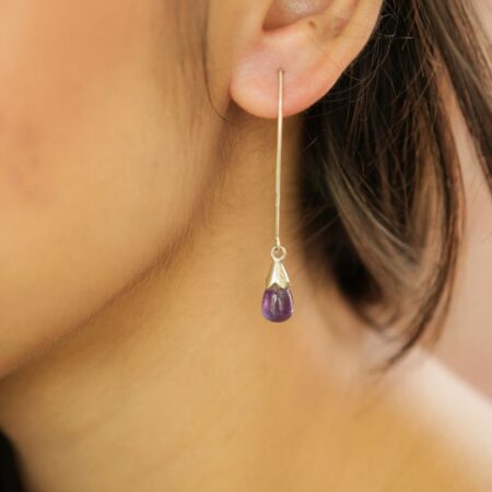 Sterling Silver Long Hook Amethyst drop earrings