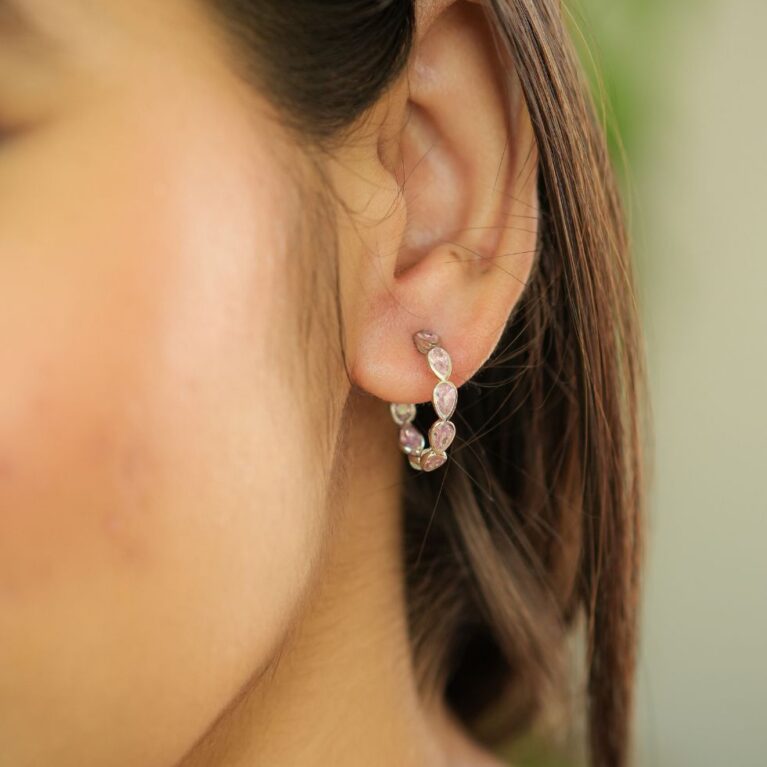 Sterling Silver Pink stone Small Hoops