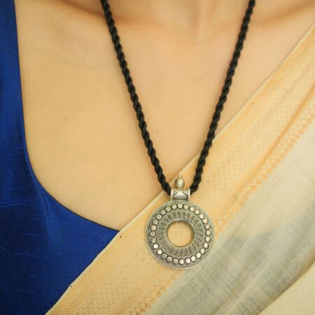 925 Silver Round Tribal Pendant with Black dori